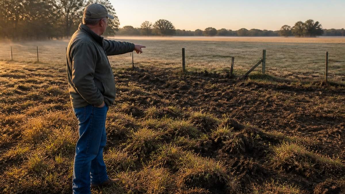 A farmer standing in a pasture with deep rooting damage from feral hogs, pointing at destroyed grass and broken fence line, early morning light